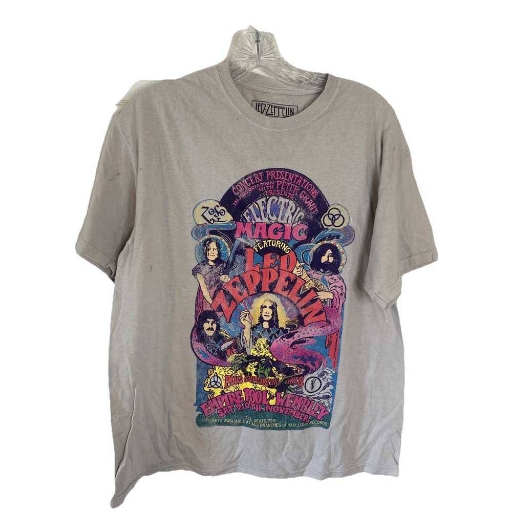 Led Zeppelin Pink Multicolored‎ Retro Graphic Beige T-Shirt NWOT Size Medium
